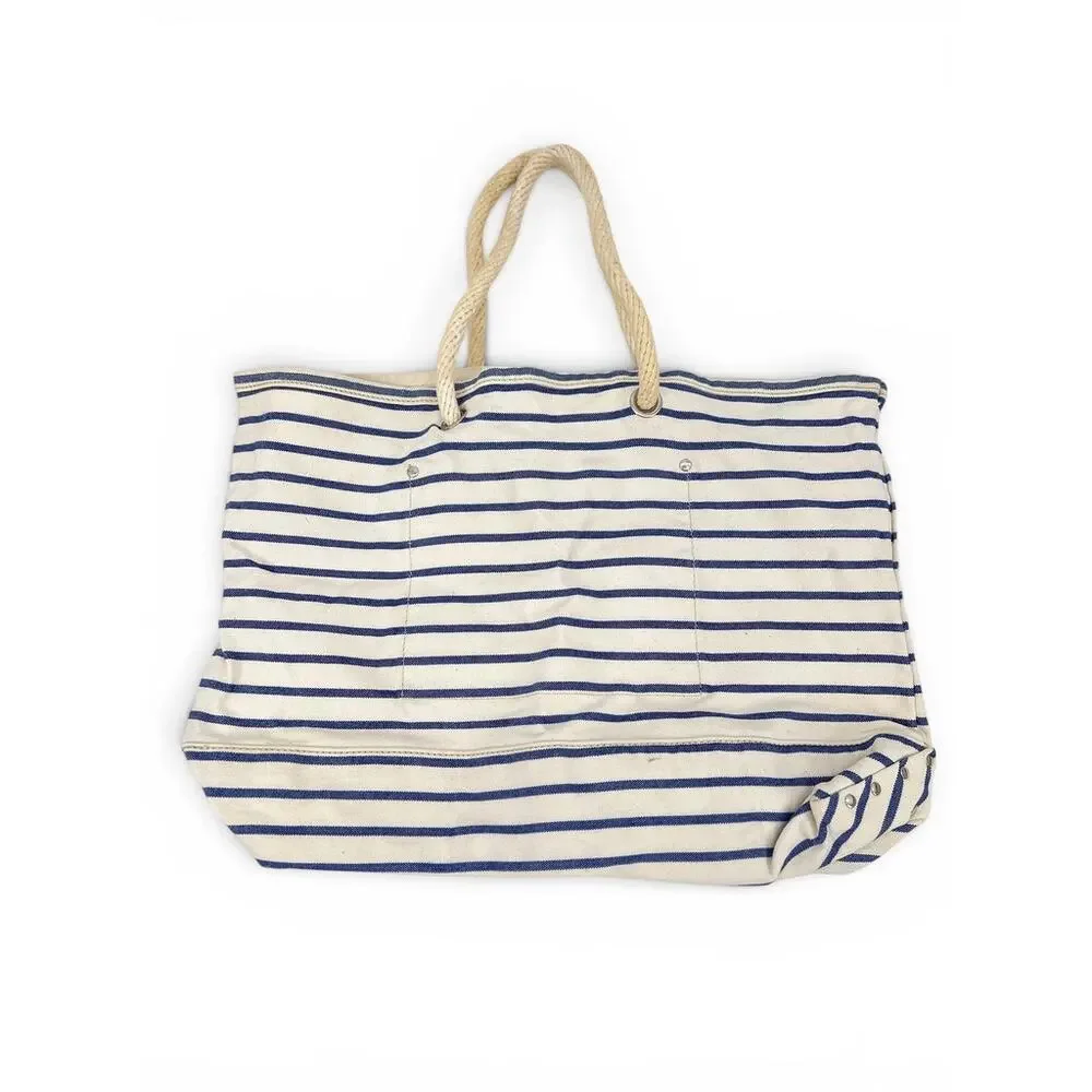J. Crew Nautical Stripe Tote Bag with Rope Handles Cream and Blue Cotton Canvas